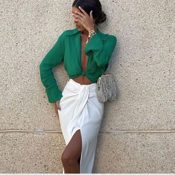 Zara Knotted Long Sleeve Crop Top Green M - Picture 1 of 6